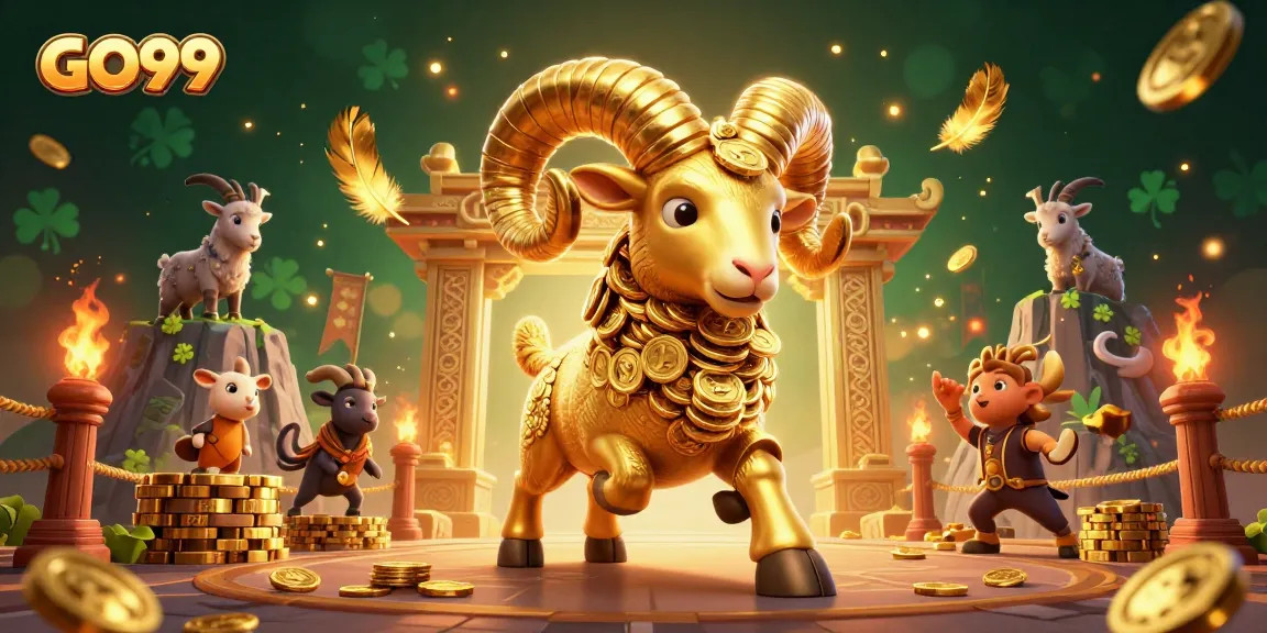 Engage with GO99's vibrant 3D casino realm featuring the golden ram charging at a golden gate.