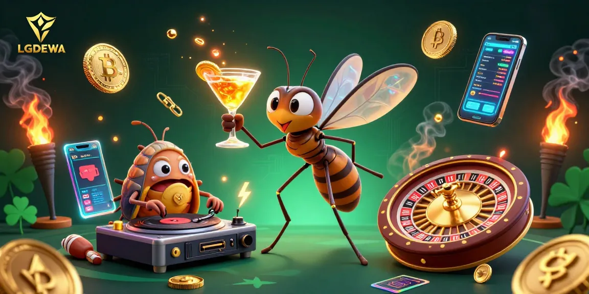 Engage with LGODEWA, featuring a cartoon mosquito mascot, trilobite DJ, and golden roulette wheel.