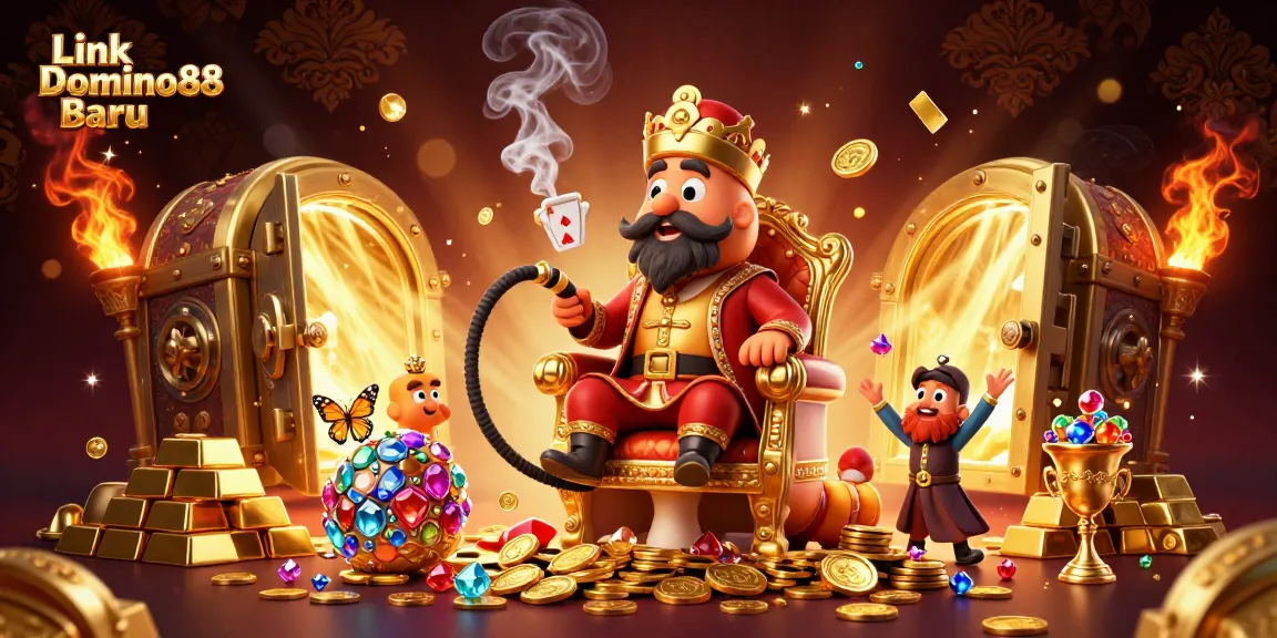 Link Domino88 Baru showcases an exciting poker scene with a 3D cartoon caterpillar and gold treasures.