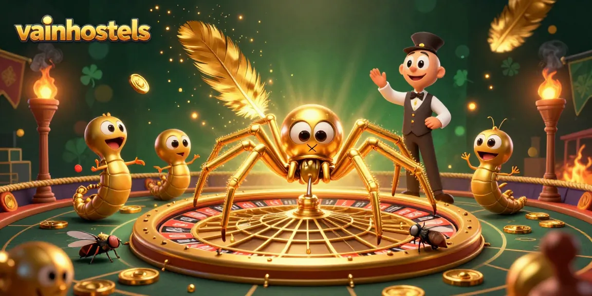 Join the action at vainhostels with a golden spider and centipede croupier in a thrilling sports betting scene.