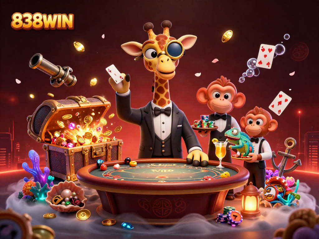 Experience the thrill of gambling with the vibrant 838WIN casino scene featuring a giraffe poker player.