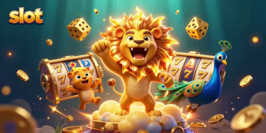 Spin to win with vibrant slot reels, golden dice, and lively characters in a casino-themed illustration.