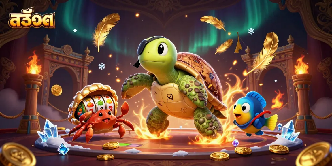 Spin สล็อต reels with a pirate turtle, golden crab, and bandana fish for big wins!