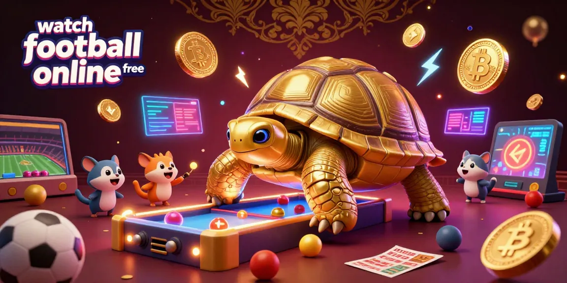 Watch football online free with a vibrant illustration featuring a tortoise pinball machine amidst football and crypto elements.