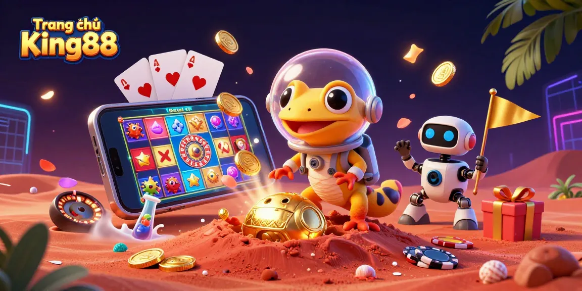 Enjoy exciting gaming at Trang chủ King88 with a fun 3D illustration capturing vibrant casino elements.