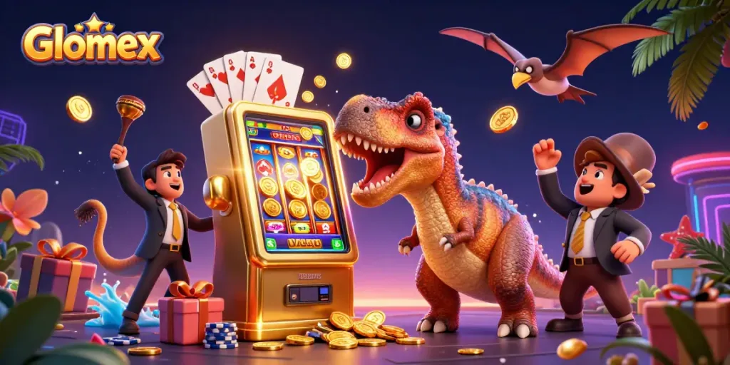 Glomex features a pachycephalosaurus hitting a jackpot in an engaging casino scene, celebrating wins.