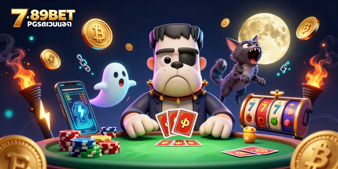 มอนสเตอร์สุนัขบูลด็อกนักการ์ตูน 3D ที่กำลังแจกไพ่ในบรรยากาศของ 789BET PGSOFT สล็อตเว็บตรง