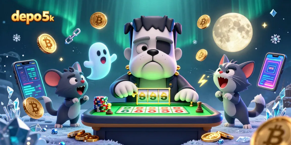 Mengoperasikan mesin slot di depo 5k dengan karakter kartun 3D monster anjing dan koin crypto di sekitar.