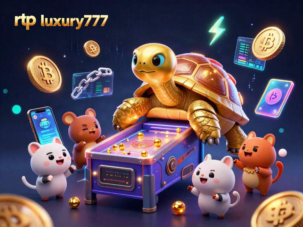 Gambar rtp luxury777 sambil menunggu permainan seru dengan kura-kura pinball dan koin crypto.