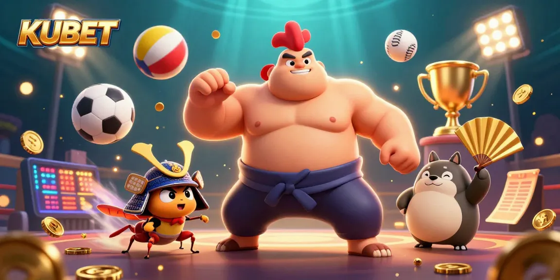 KUBET showcases a dynamic 3D cartoon scene featuring a powerful sumo wrestler rooster and samurai cricket surrounded by sports elements