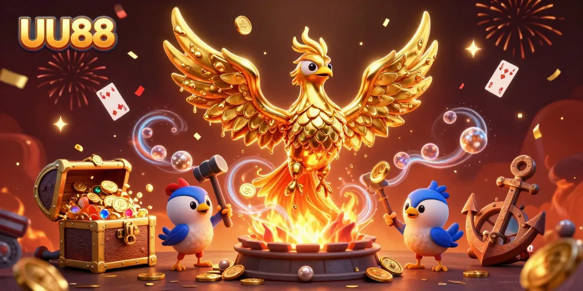 UU88 players celebrate a lucky moment surrounded by golden treasures and vibrant game elements.