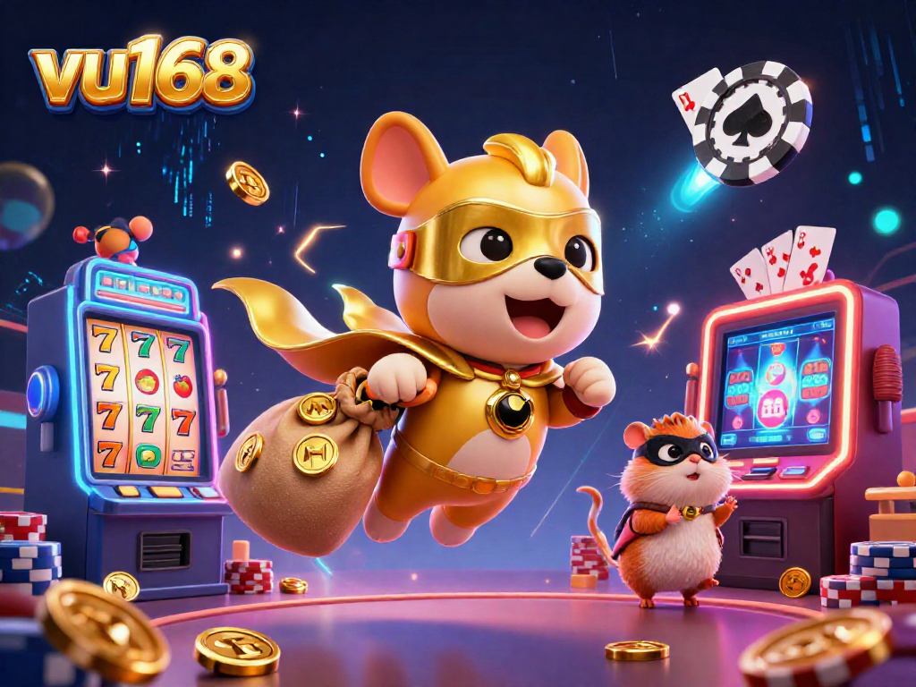 Join the fun at vu168 with 3D cartoon characters celebrating big wins amid slot machines and casino elements.