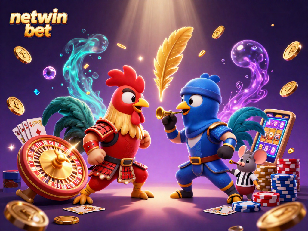 Engage in thrilling netwin bet action with dynamic rooster showdown amidst vibrant casino elements.