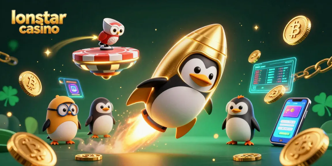 Experience the excitement of the lonestar casino with a vibrant 3D illustration of a rocket-powered penguin and crypto elements.