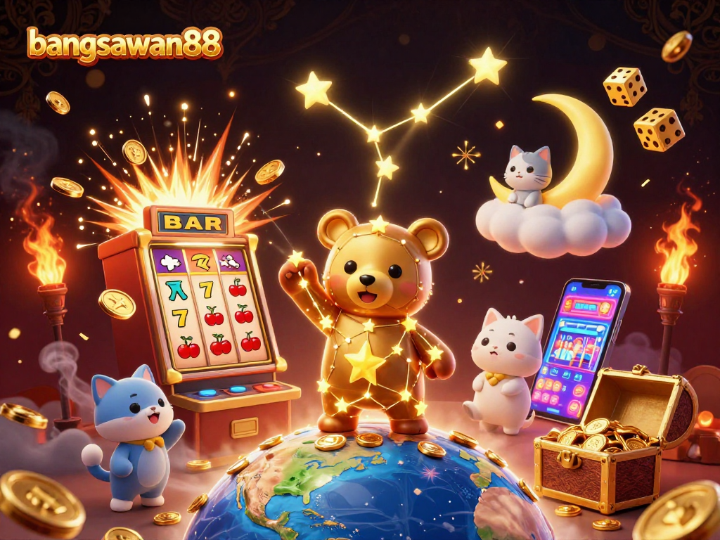 Experience the excitement of bangsawan88 with a vibrant 3D digital casino scene featuring golden stars and jackpots.