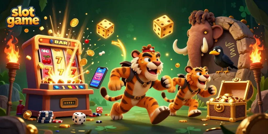 Engage in thrilling slot game action with animated game elements and vibrant casino characters.