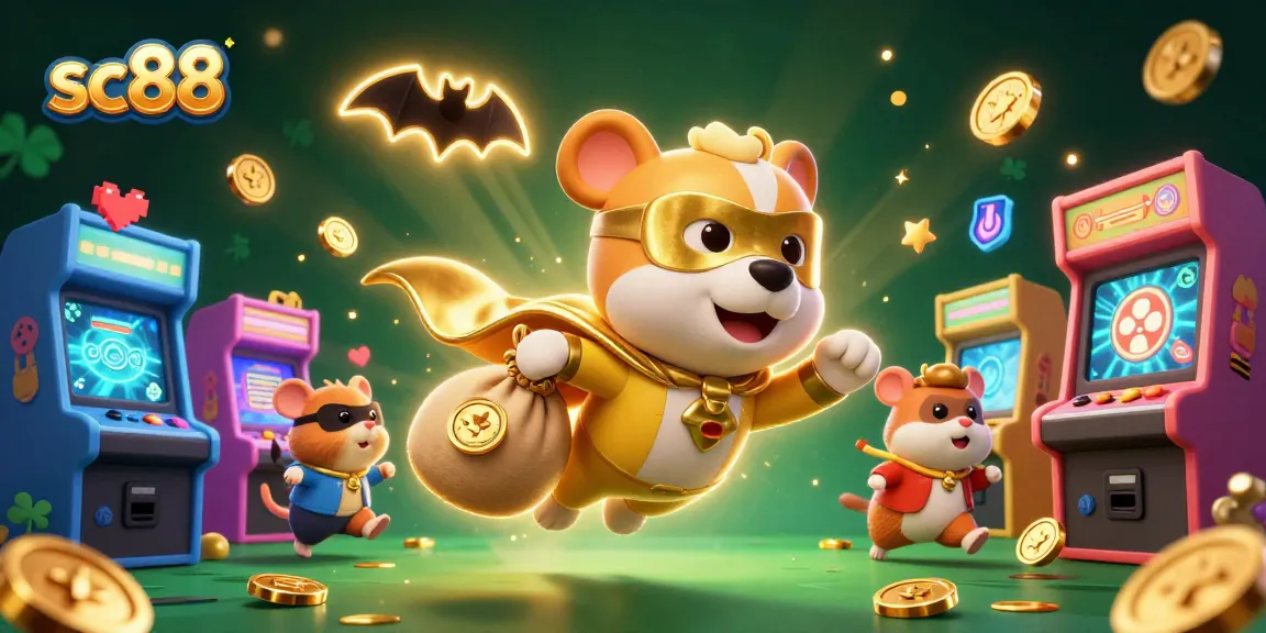 Win big at sc88 with a vibrant casino-themed 3D illustration showcasing a superhero dog and exciting game elements.