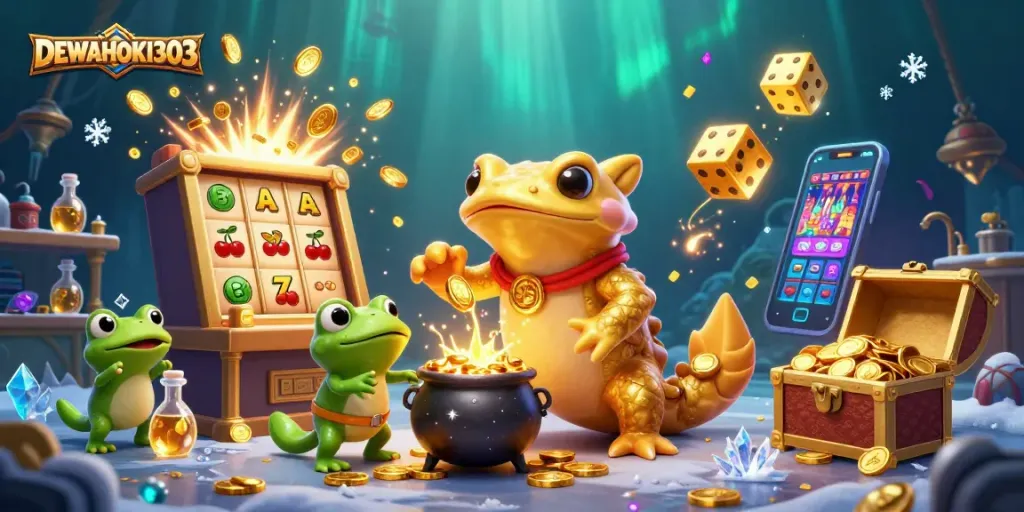 DEWAHOKI303 hadir dengan sensasi bermain slot online, menampilkan mesin slot besar dan karakter ajaib.
