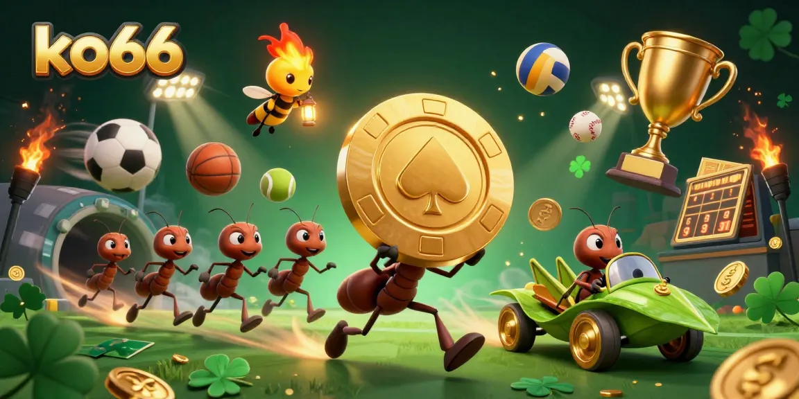 Experience the excitement of ko66 with cartoon ants on a heist, dynamic sports elements, and thrilling casino visuals.