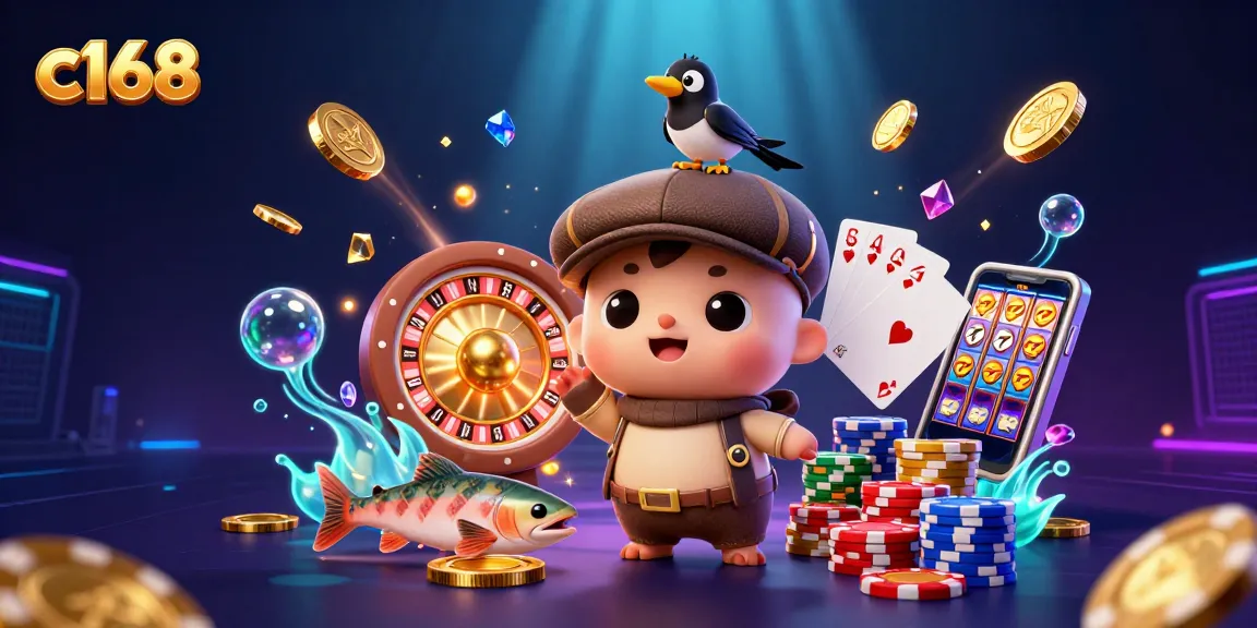 Engage with c168's vibrant gaming experience featuring lively characters, golden coins, and exciting casino elements.