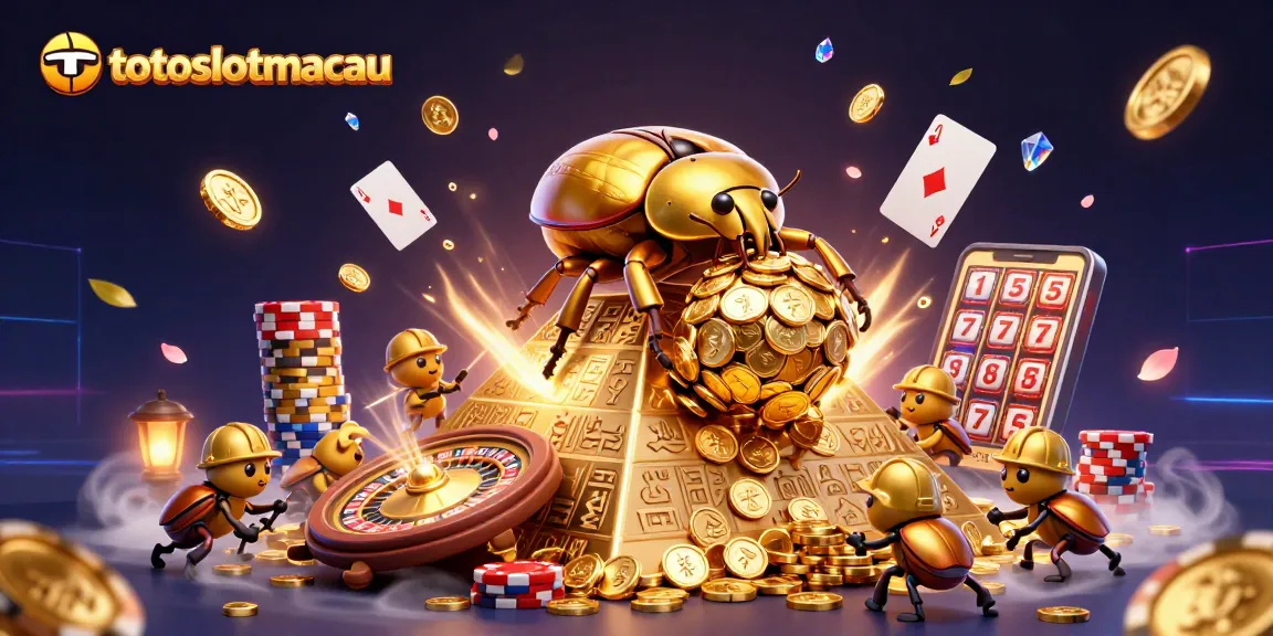 Spin to win at totoslotmacau with high-stakes action featuring golden coins and lively beetles.