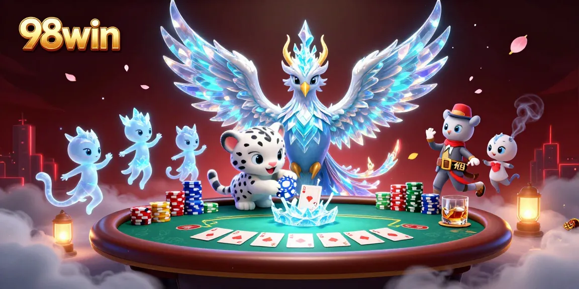 Engage in thrilling casino action with 98win's vibrant 3D illustration featuring poker and fantastic creatures.