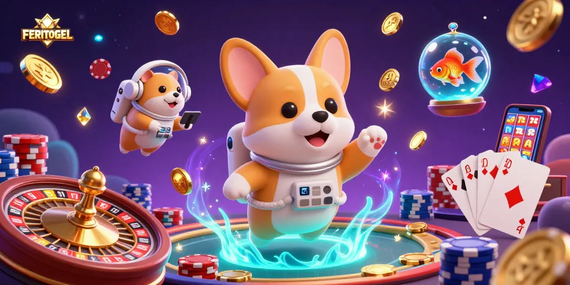 Play online games with FERITOGEL, features unique gambling elements like floating coins and cosmic designs.