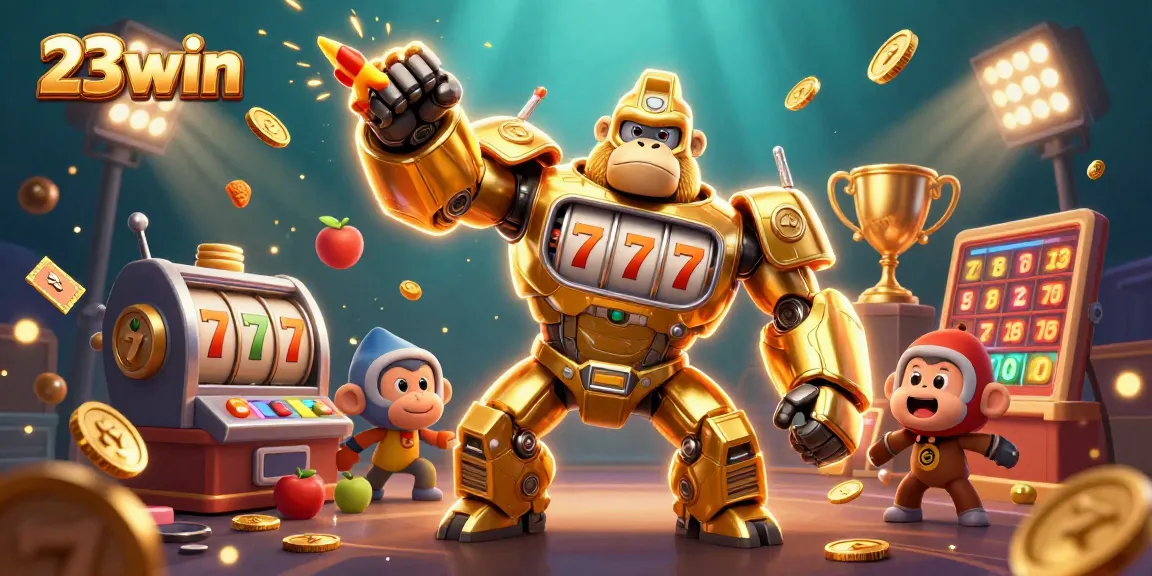 Engage with 23win's exciting slot machine world, featuring a golden gorilla mech and jackpot symbols.