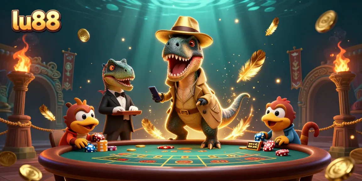 lu88 players strategizing at a blackjack table with daring dinosaurs in a lively casino scene
