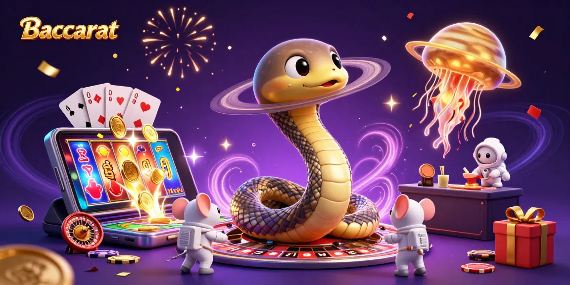 Baccarat players placing bets on cosmic roulette while astronaut mice spin colorful slot games.