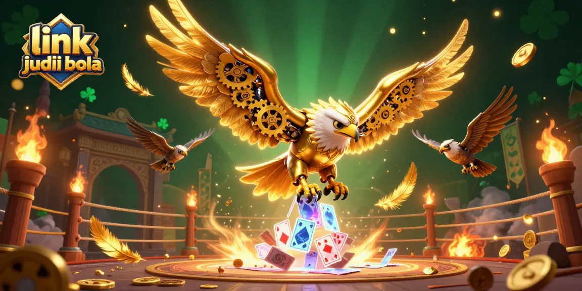 Engage with thrilling link judi bola action featuring a cybernetic eagle amidst pulsating cards and golden effects.