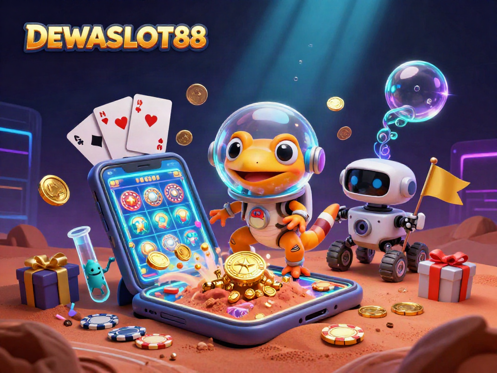 Play exciting slots at DEWASLOT88 with a Martian gecko discovering a golden casino on Mars.