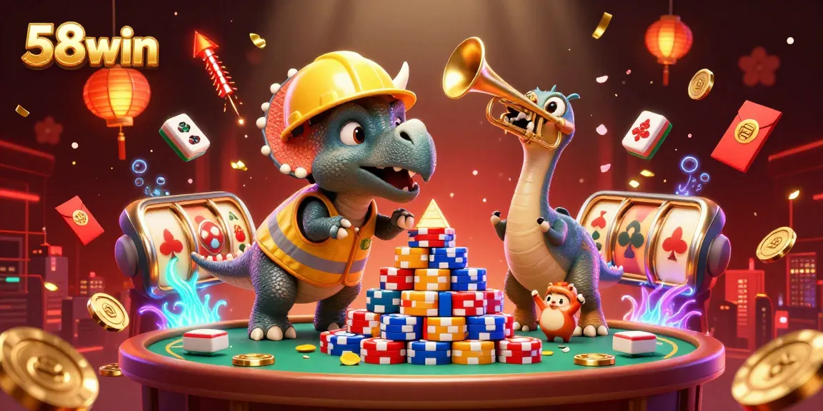 Experience thrilling gameplay at 58win with captivating slot reels and celebrating characters.
