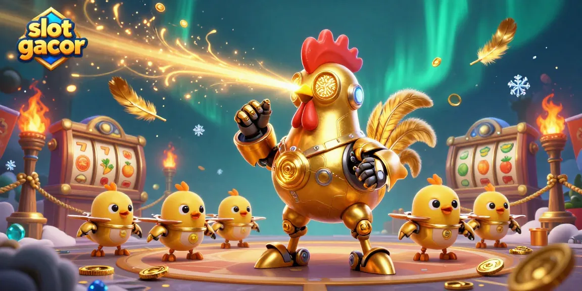 Menangkan slot gacor dengan robot ayam emas futuristik dan simbol jackpot yang mencolok.