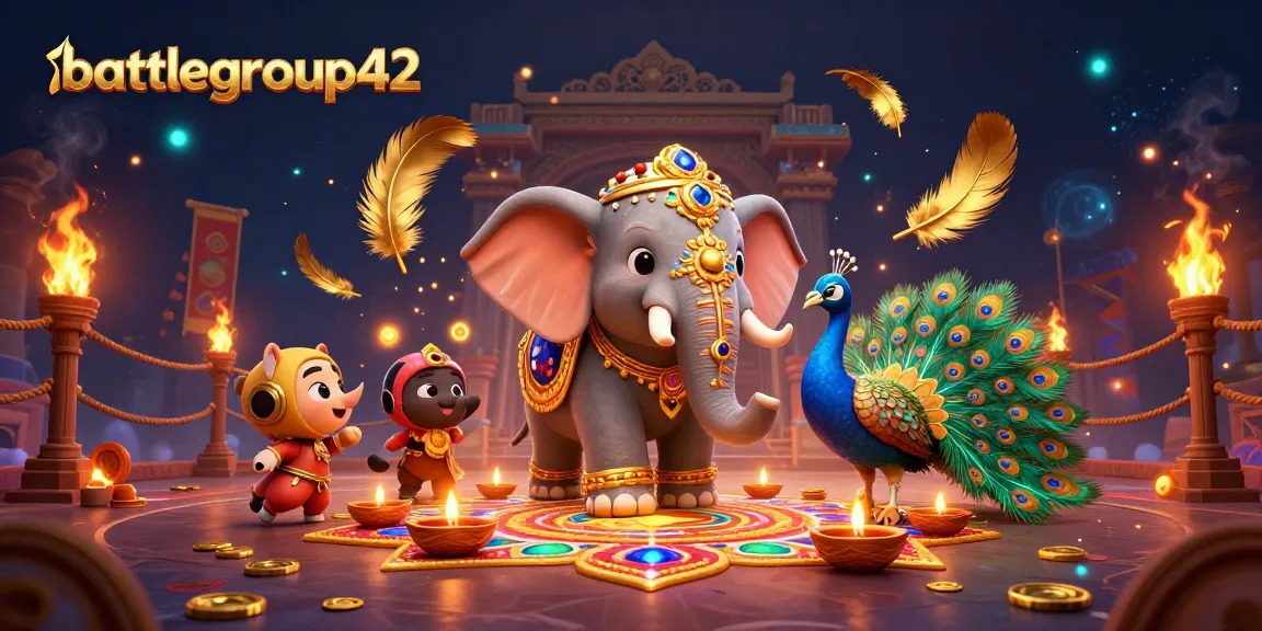 Engage with battlegroup42 in this vibrant casino-inspired 3D scene featuring an elephant and peacock.