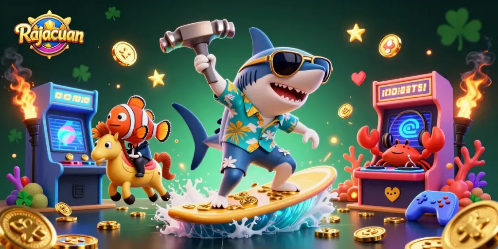 Experience Rajacuan with a vibrant 3D scene of a shark surfing gold coins, showcasing casino excitement.