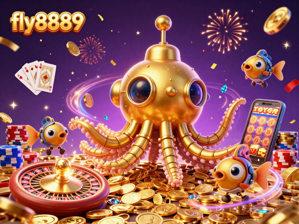 Experience thrilling gameplay with fly8889's golden kraken submarine amidst a treasure of coins and casino elements.