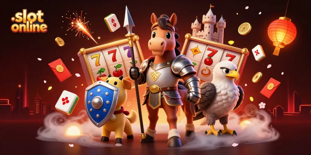 Engage with slot online adventures in this vibrant 3D illustration, showcasing knights, vibrant symbols, and festive elements.
