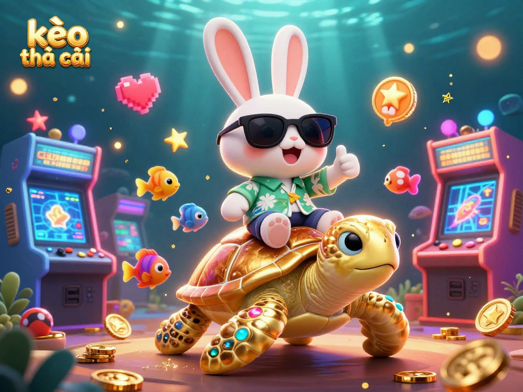 Experience kèo nhà cái action with a lively rabbit and golden turtle in a vibrant casino-themed scene.