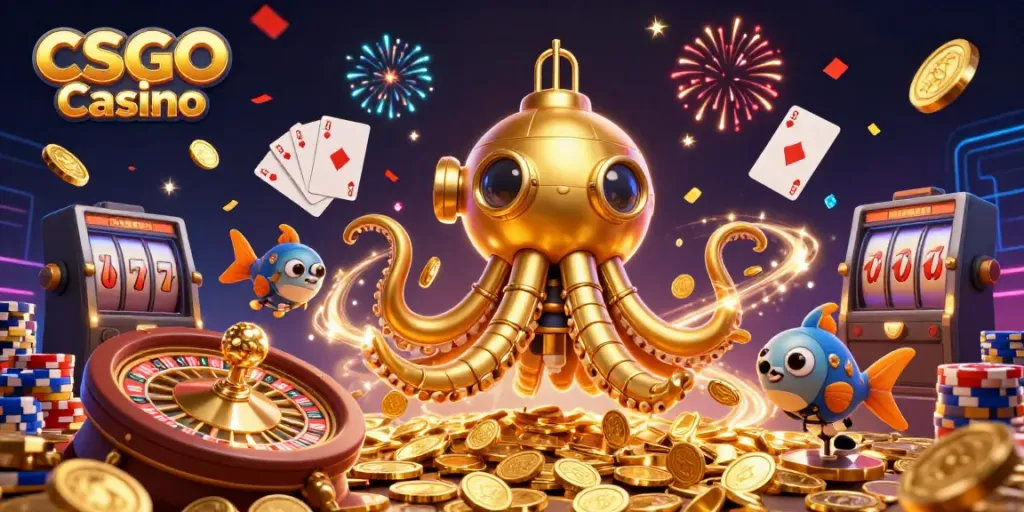 Engage with the thrilling CSGO Casino environment featuring a golden kraken submarine surrounded by coins and celebratory elements.