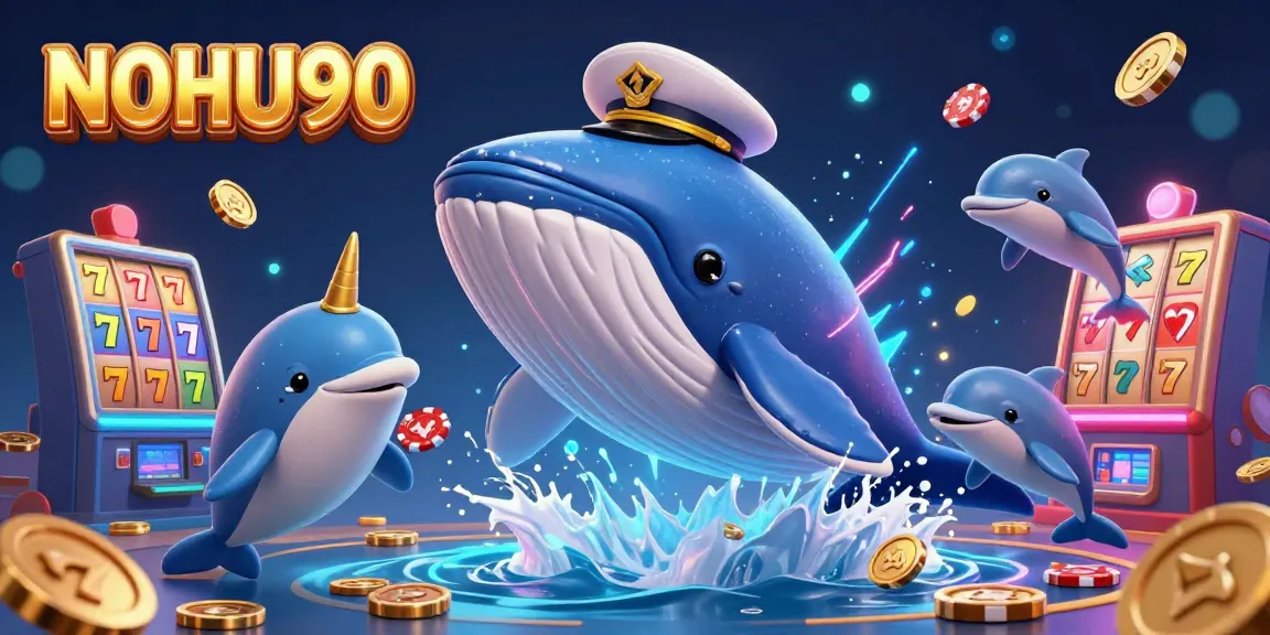 Engage in thrilling slots action at NOHU90 with colorful whale and dolphin characters alongside vibrant gaming elements.