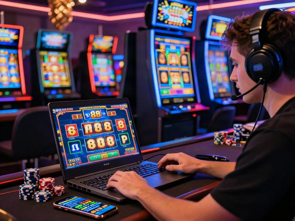 Engaged player enjoying slot88 game on a gaming laptop with vibrant graphics and casino ambiance.