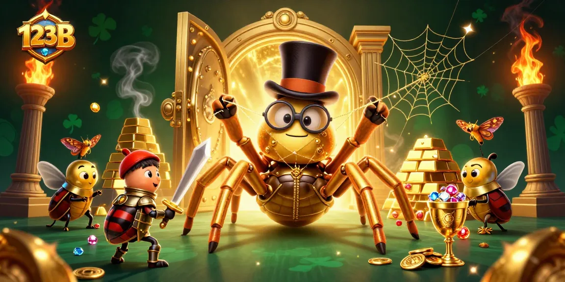 Engage with the vibrant scene at 123 B casino, featuring a giant golden tarantula and beetle knight amidst sparkling treasures.