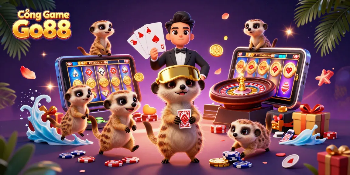 Cổng Game Go88 showcases meerkats managing a vibrant casino scene filled with dynamic gaming elements.