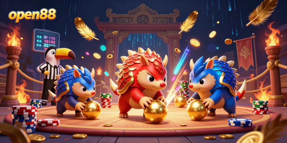 Experience thrilling gameplay at open88 with dynamic pangolins bowling through poker chips in a vibrant casino scene.