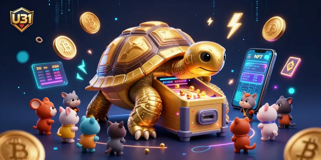 Capture the excitement of U31 casino gaming in a vibrant, animated scene featuring a colossal golden tortoise and crypto elements.