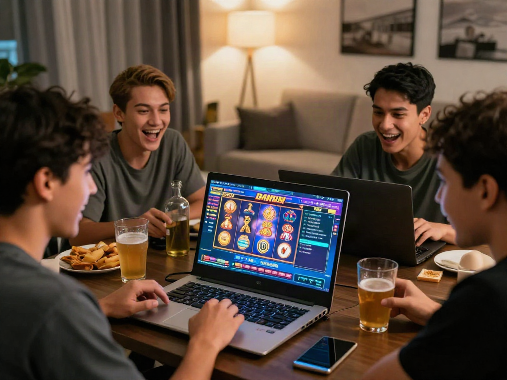 Engaging players enjoying bandar slot games together in a lively setting with vibrant colors.
