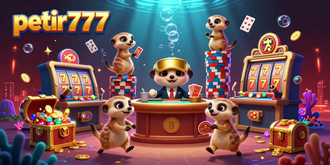 Join the action with petir777 in this vibrant casino illustration featuring meerkats and exciting slot elements.