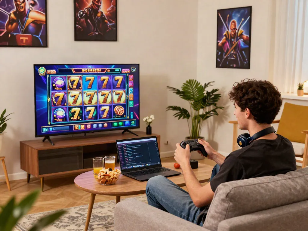 Enjoying thrilling slot777 gameplay in a cozy living room with snacks.