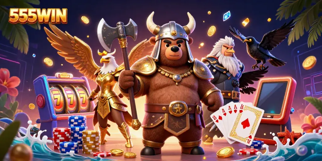 Experience the exciting 555WIN slot gameplay with vibrant characters and dynamic casino elements in a thrilling scene.